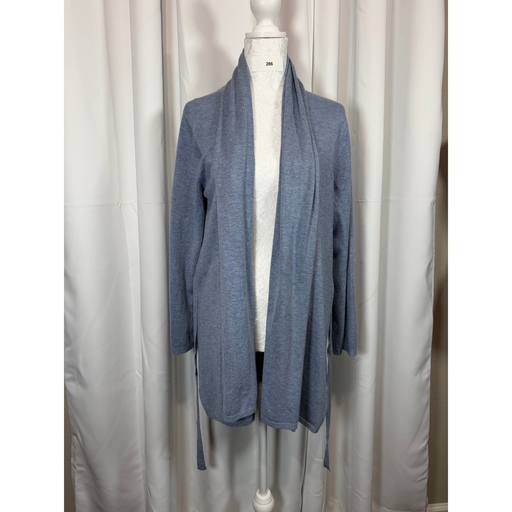 Zara Knit Blue Open Front Belted Cardigan Sweater Shawl Collar Size Medium